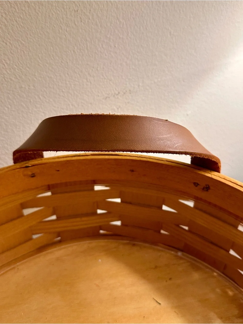 Vintage Peterboro Basket Co Round Woven Wood Basket Leather Handles USA